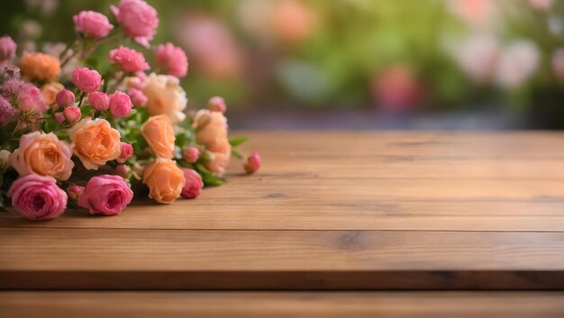 Wooden board empty table top on of blurred flower background