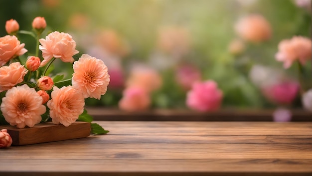 ぼやけた花の背景の木の板空のテーブルの上