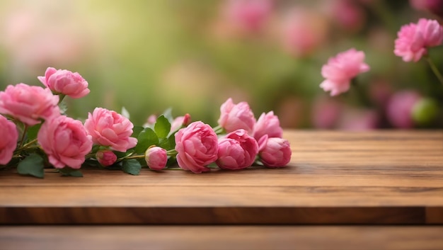 Wooden board empty table top on of blurred Flower background