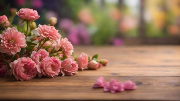 Wooden board empty table top on of blurred Flower background