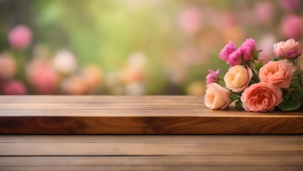 Wooden board empty table top on of blurred Flower background