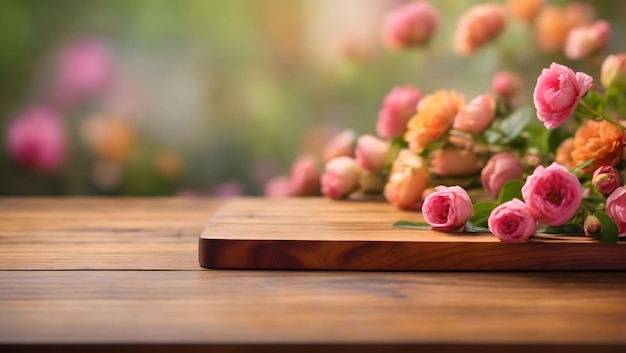 Wooden board empty table top on of blurred Flower background