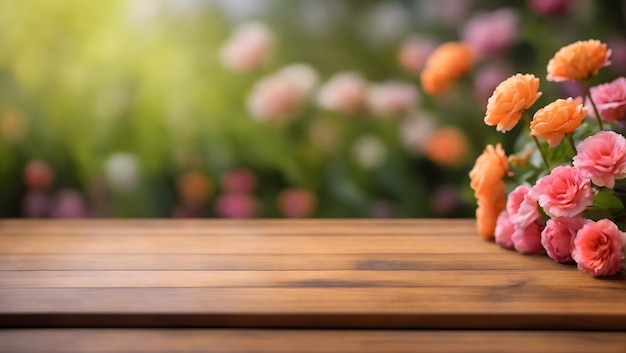 Wooden board empty table top on of blurred Flower background