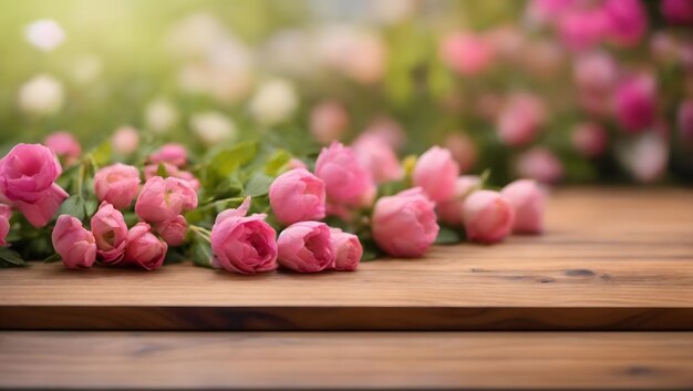 Wooden board empty table top on of blurred Flower background