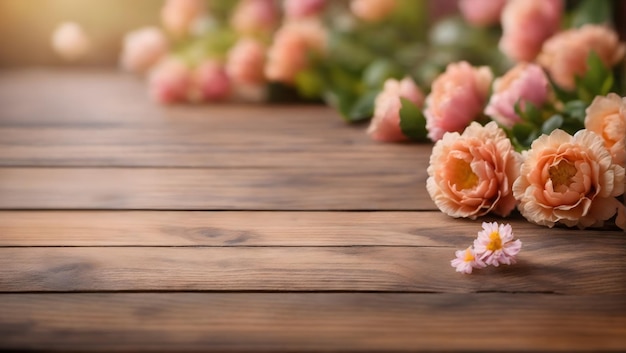 Wooden board empty table top on of blurred Flower background