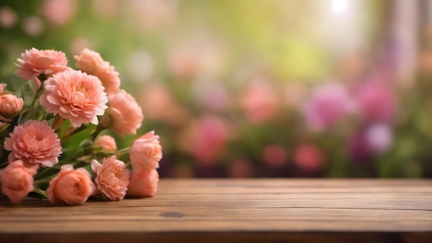 Фото Деревянная доска, пустая столешница на размытом цветочном фоне