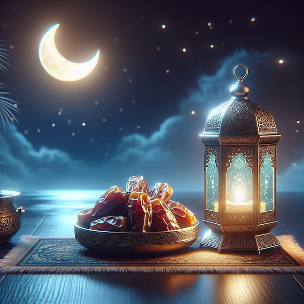 The wooden board of empty table with Ramadan Kareem background wallpaper