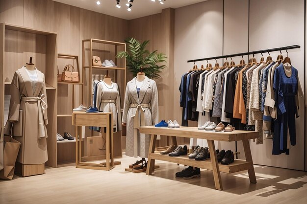 A wooden board in a fashion boutique with stylish clothing and accessories