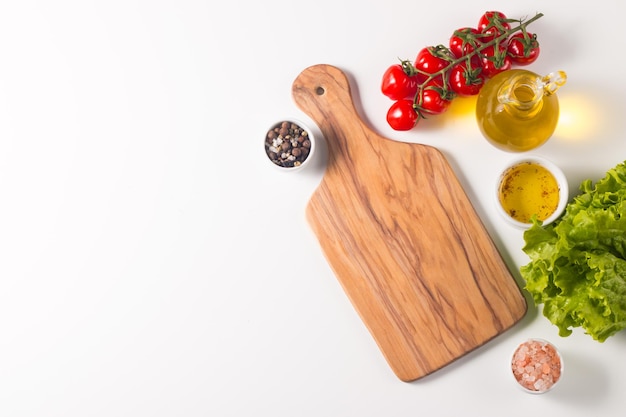 Wooden board food background Ingredients for cooking on table Banner Layout