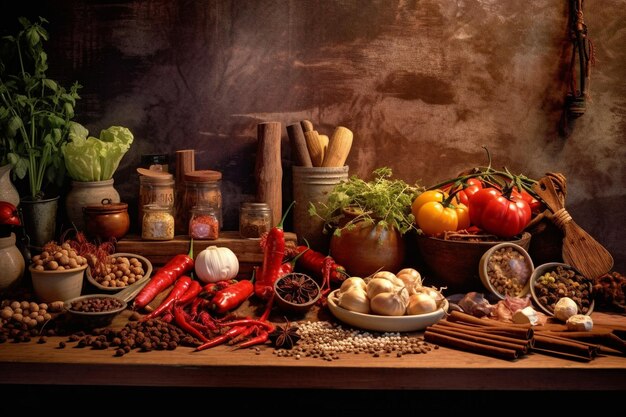 a wooden board full of vegetables and spices