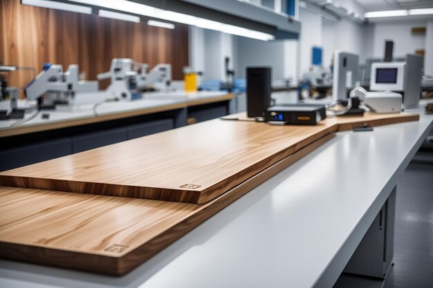 A wooden board in a hightech laboratory great for showcasing cuttingedge technology products