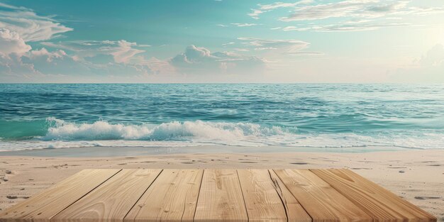 A wooden board is on the beach next to the ocean