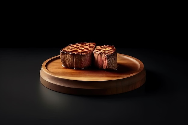 A wooden board of juicy delicious beef steak on a dark background Meat dish with spices and herbs