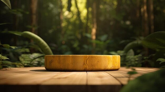 A wooden board in the jungle with a green fern in the background