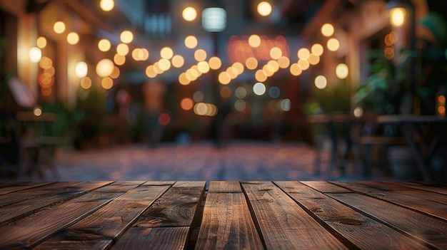 Wooden board looking out to blurred restaurant scene with sparkling effect