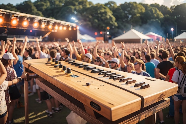 Photo a wooden board in a music festival with live bands and cheering crowds