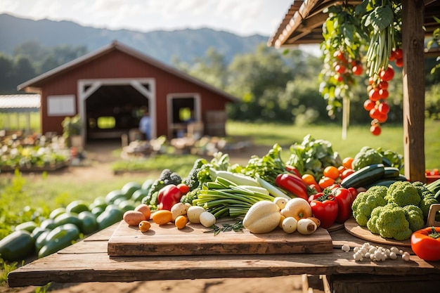 A wooden board in an organic farm with fresh produce and vegetables