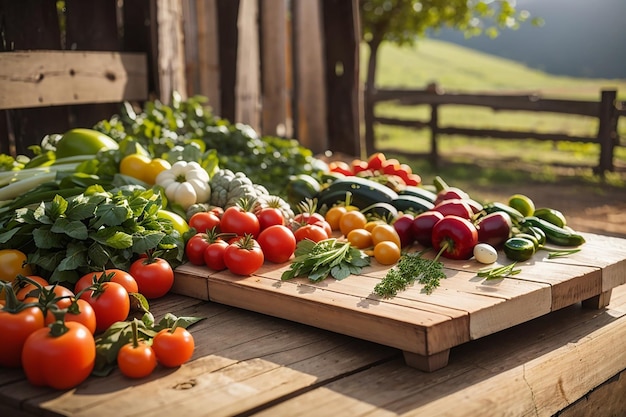 A wooden board in an organic farm with fresh produce and vegetables