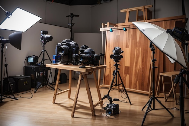 A wooden board in a photography studio with professional cameras and equipment