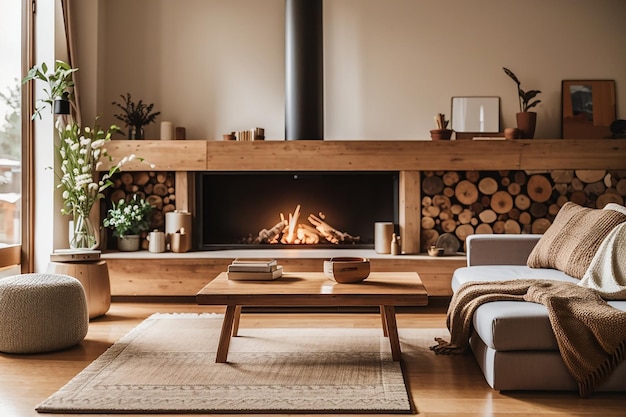 A wooden board placed in a cozy living room with a fireplace