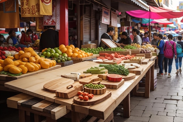 A wooden board placed in a vibrant bustling street market