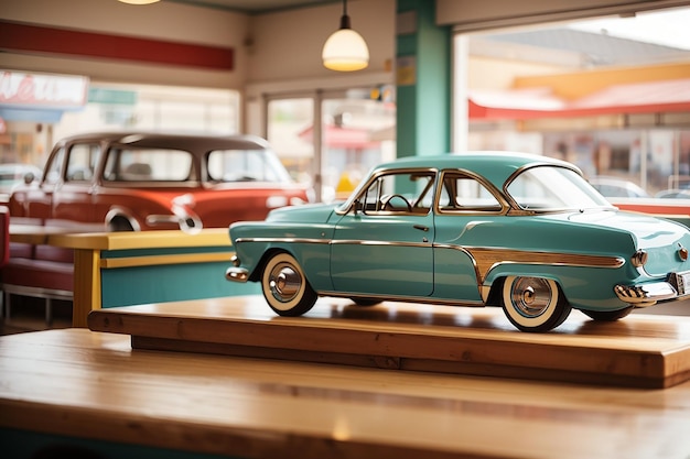 A wooden board in a retro diner with a defocused classic car show outside