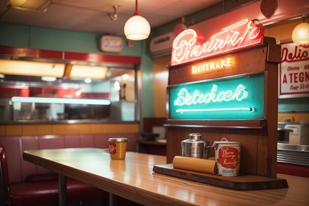 A wooden board in a retro diner with a defocused neon sign vintage nostalgia