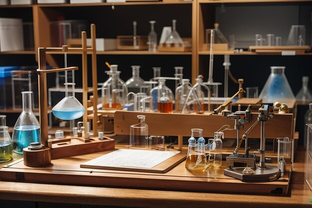 A wooden board in a science laboratory with lab equipment and specimens