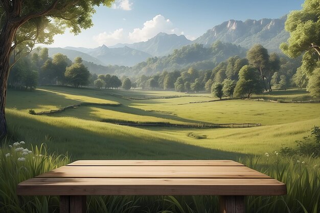 A wooden board in a serene countryside setting