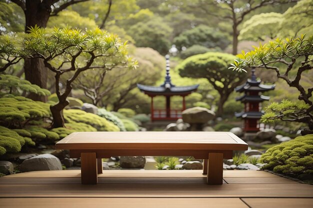 A wooden board in a serene japanese tea garden