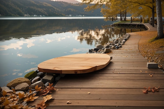 A wooden board in a serene lakeside setting