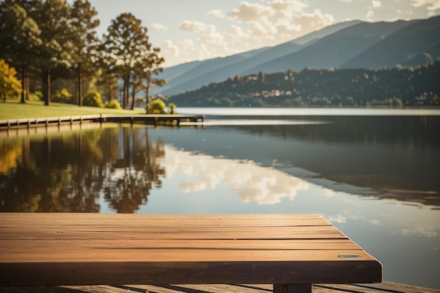 A wooden board in a serene lakeside setting