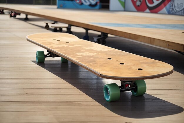 A wooden board in a skate park perfect for skateboard and extreme sports products