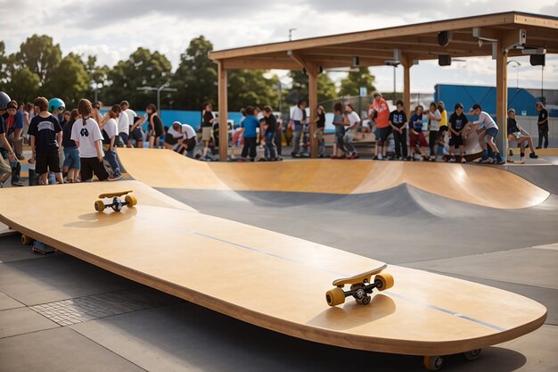 A wooden board in a skate park with skateboarders showcasing their skills