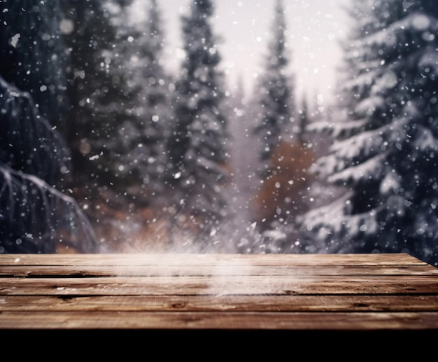 Wooden board Snowfall bokeh with snowflakes winter Christmas backdrop