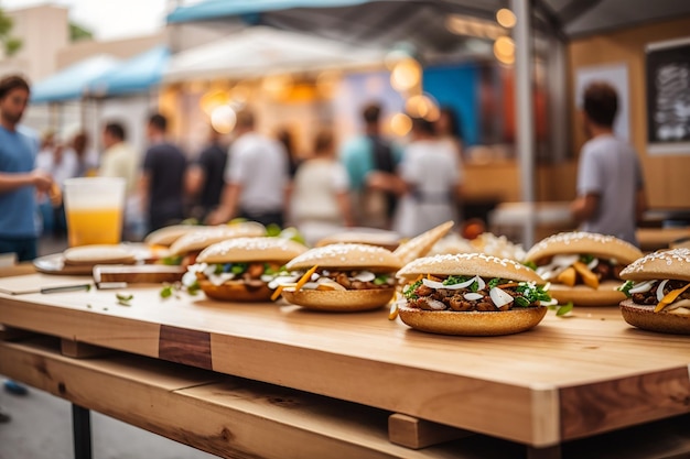 Wooden board at a street food festival with defocused food trucks