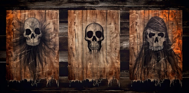 wooden board style halloween photo of skulls and skulls