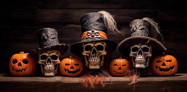 wooden board style halloween photo of skulls and skulls