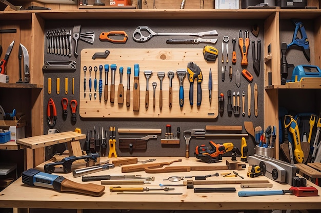 Деревянная доска, окруженная инструментами в мастерской для демонстрации проекта DIY