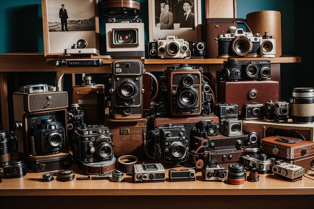 A wooden board surrounded by vintage cameras and photography equipment