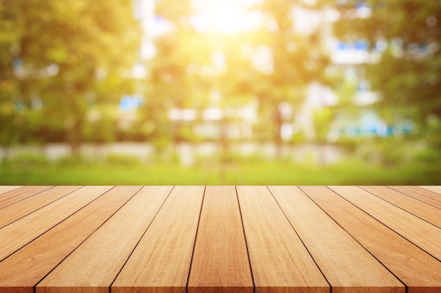 Wooden board or table and abstract blurred background