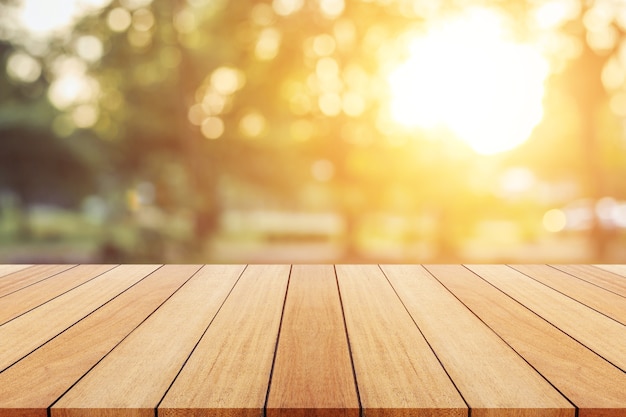 Wooden board or table and abstract blurred background