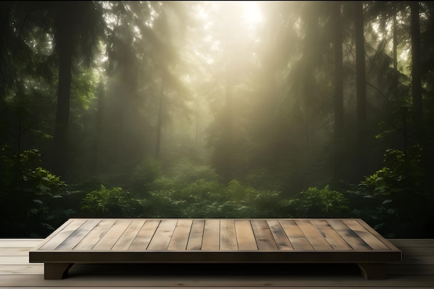 Wooden board table in the forest for product display montage