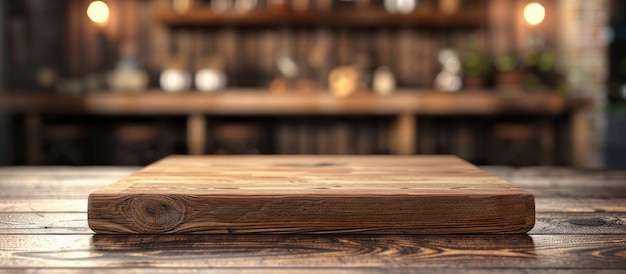 Wooden board on table with blurred background ideal for displaying products