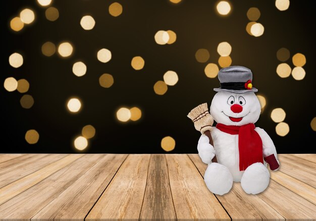 Wooden board table with presents o blurred background Christmas concept