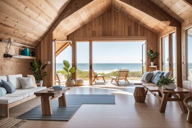 A wooden board in a tranquil coastal beach house