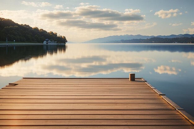 Wooden board on a tranquil lakeside pier