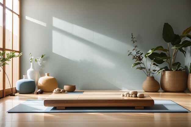 A wooden board in a tranquil yoga studio