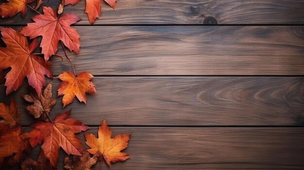 Photo wooden board with autumn leaves on left side top view photography