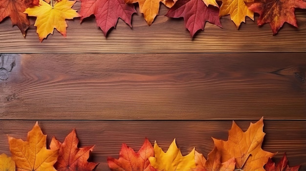 Photo wooden board with autumn leaves on top and bottom wallpaper banner